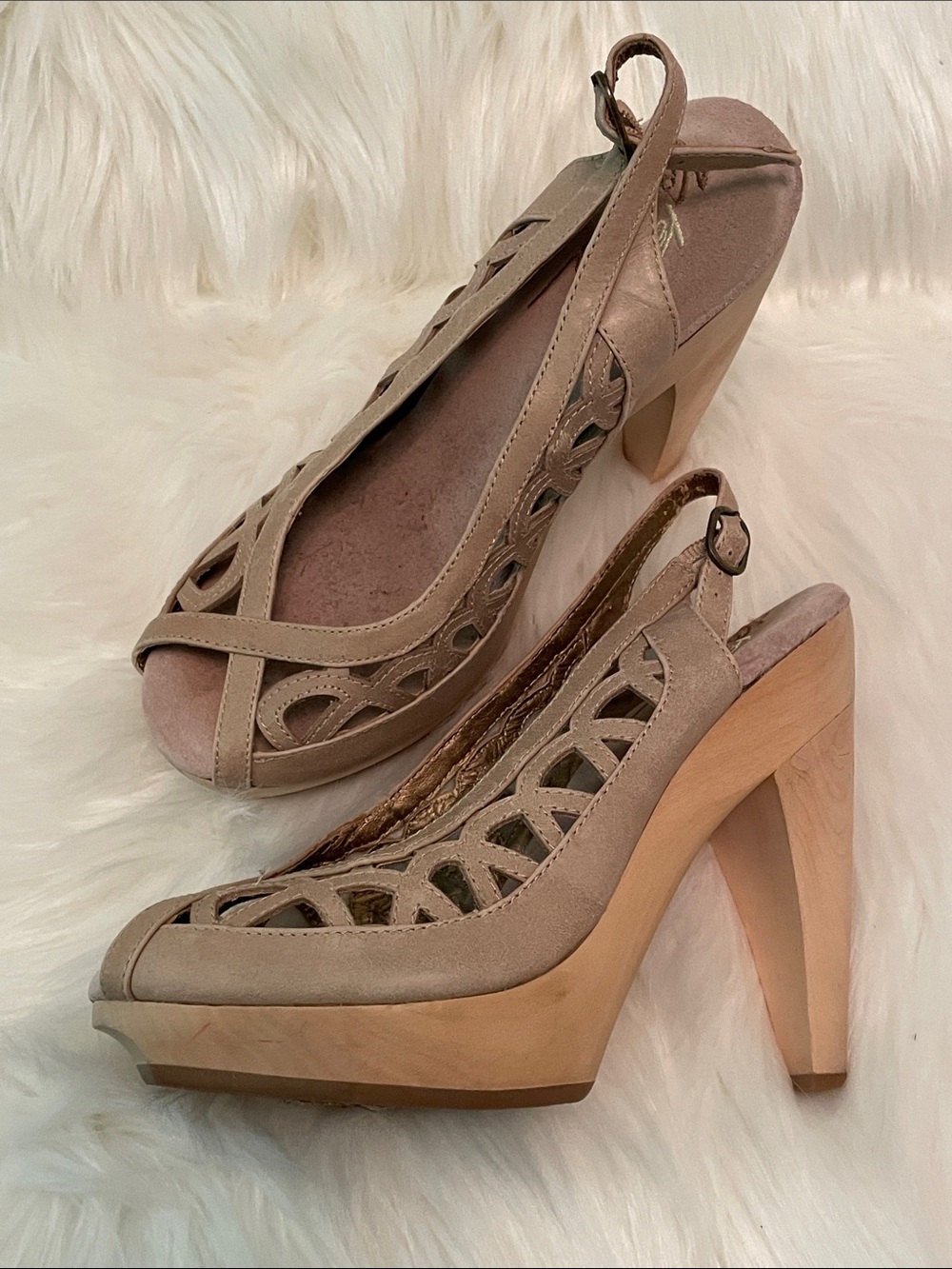 Very Volatile Taupe Cutout Platform Slingback Heels with Wooden Heel